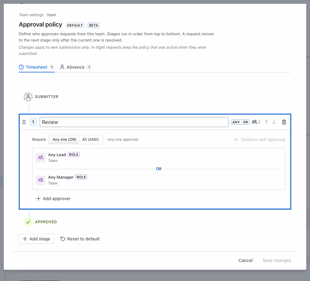 Approval policy configurator: the default Review stage renamed to Lead review with the Manager role removed, then a second stage named Finance review added with the Manager role as approver