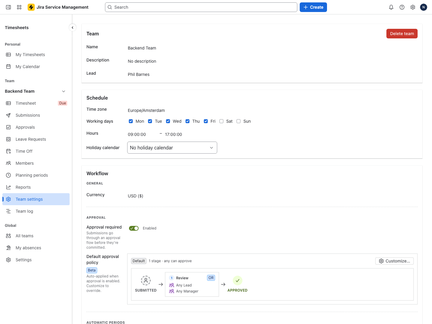 Approval policy configurator: opening the default policy from Team settings and building a two-stage chain with Lead review and Finance review, choosing any-one or all mode per stage