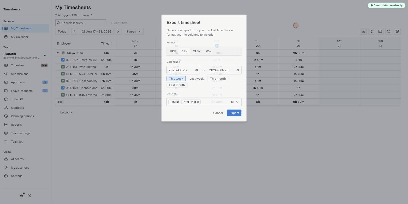 Export dialog: choosing between CSV, XLSX, PDF and iCal formats and picking a date range preset