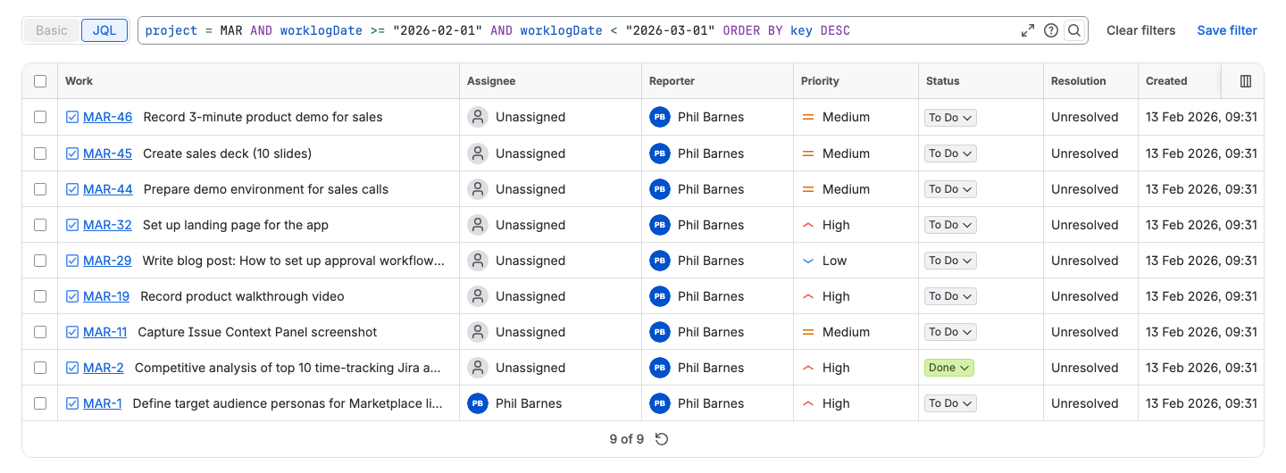 Jira issue search with a worklogDate JQL for February 2026, returning a list of 9 issues with assignee, reporter, priority and status columns