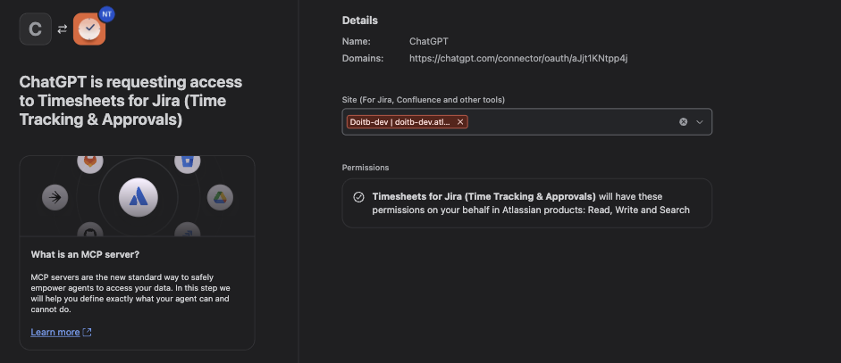 Atlassian consent screen with the heading ChatGPT is requesting access to Timesheets for Jira, a site picker and an Accept button