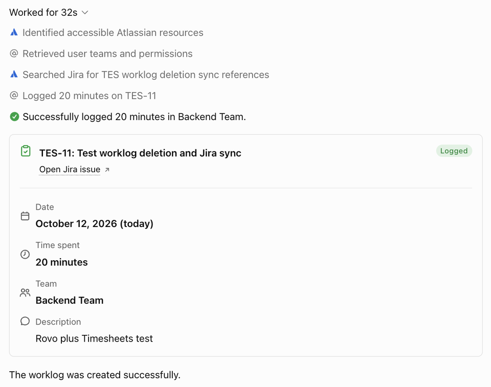 ChatGPT using the Atlassian plugin to search Jira for the TES issue and the Timesheets plugin to log 20 minutes on TES-11 in Backend Team