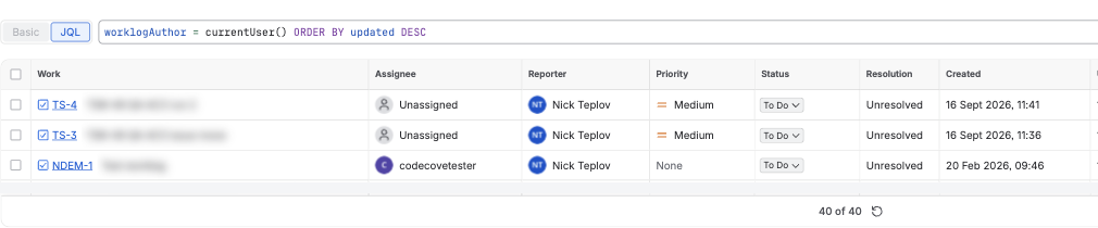 Jira issue navigator running worklogAuthor = currentUser() and returning 40 work items