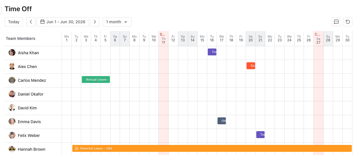 Time Off month grid