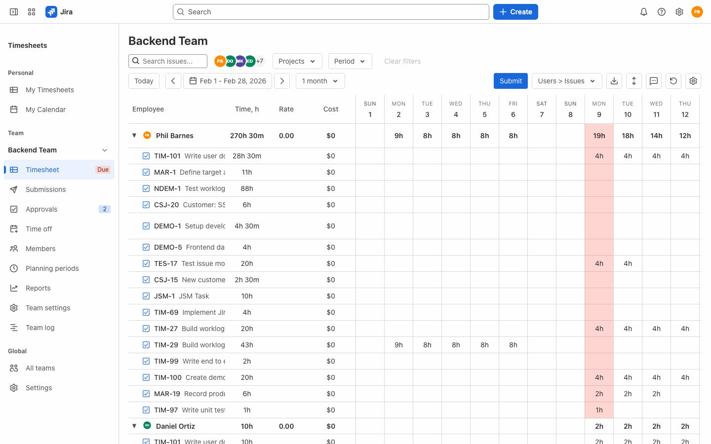 Team timesheet for Backend Team switched from Users > Issues to Projects > Users, then the Export timesheet dialog: XLSX selected, date range set to 2026-02-01 to 2026-02-28 in the calendar, Rate and Total Cost already in Columns, Export pressed and an Export Complete message shown