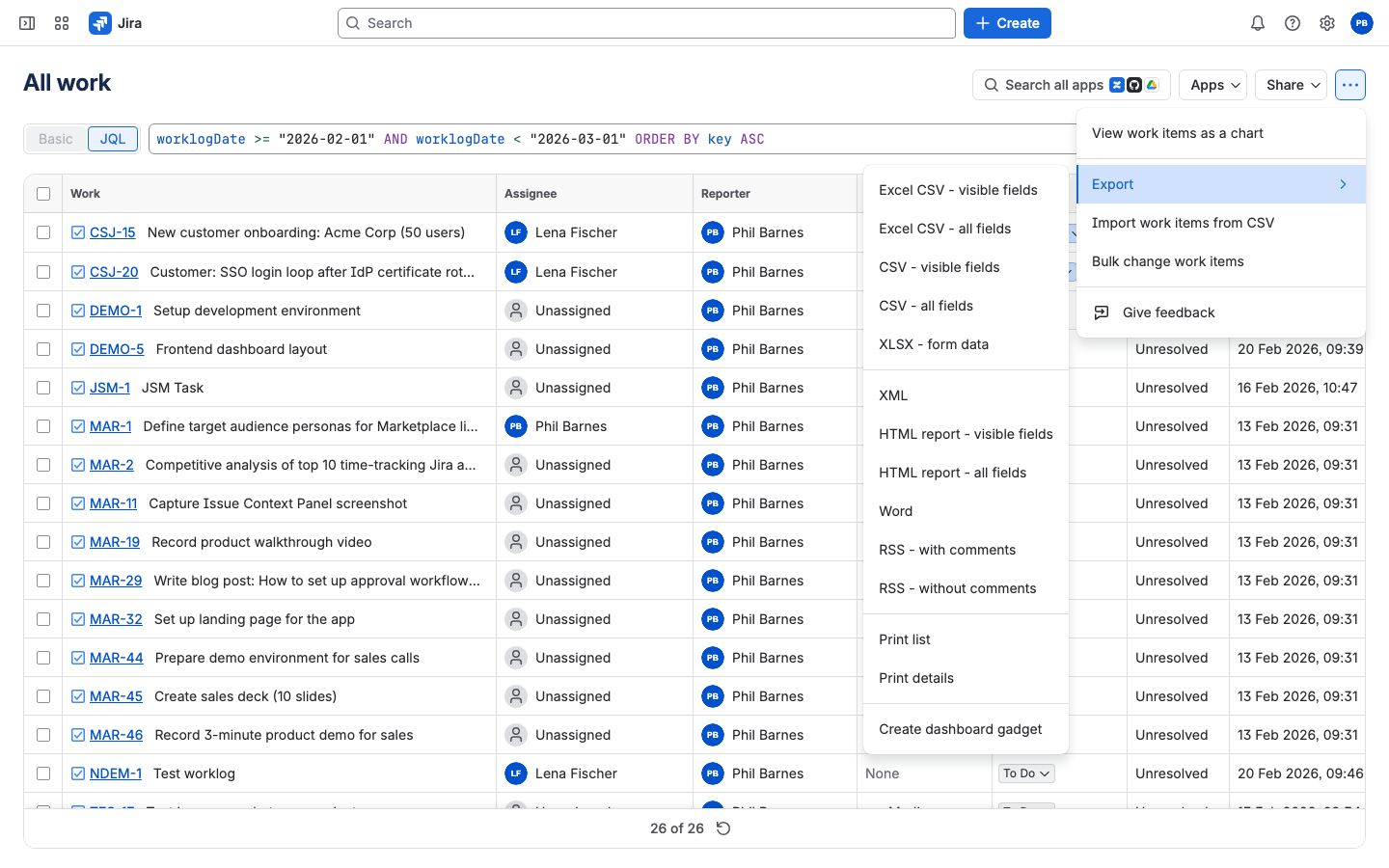 Jira issue search with a worklogDate JQL filter and the ••• menu open on Export, listing Excel CSV - visible fields, Excel CSV - all fields, CSV - visible fields, CSV - all fields, XLSX - form data, XML, HTML report, Word, RSS and print options